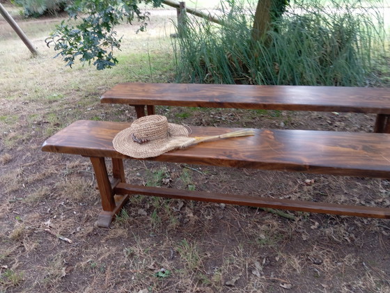 Image 1 of Paire De Bancs 2 M Bois Massif Vintage 1950