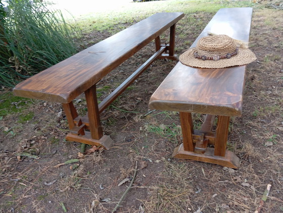 Image 1 of Paire De Bancs 2 M Bois Massif Vintage 1950