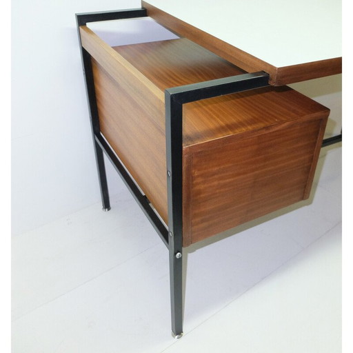 Bureau vintage en acier laqué noir et acajou, 1950