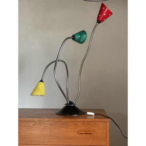 Image 1 of Lampe vintage avec 3 verrines multicolores montées sur 3 cols de cygne