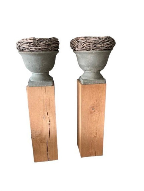 Image 1 of 2x Colonne en Bois Solide Incluant Vases Français