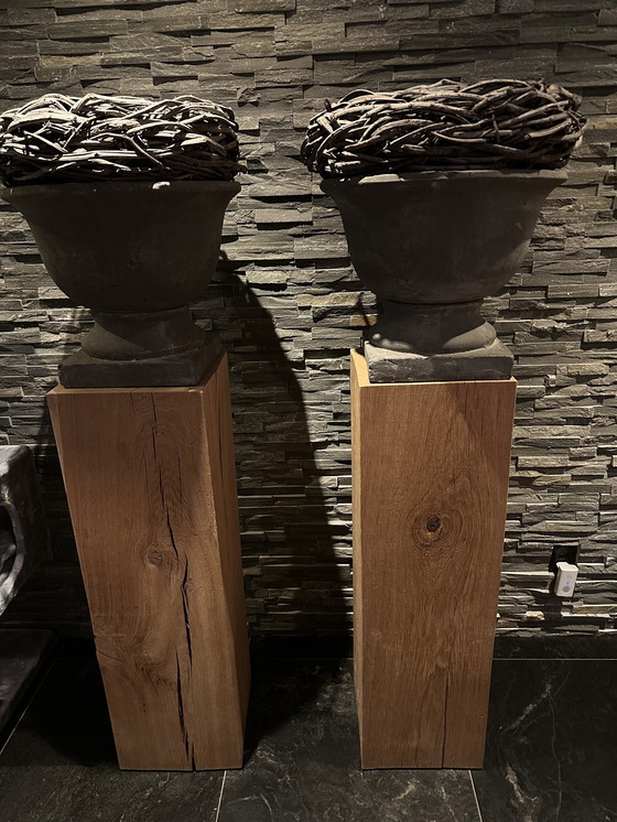 Image 1 of 2x Colonne en Bois Solide Incluant Vases Français