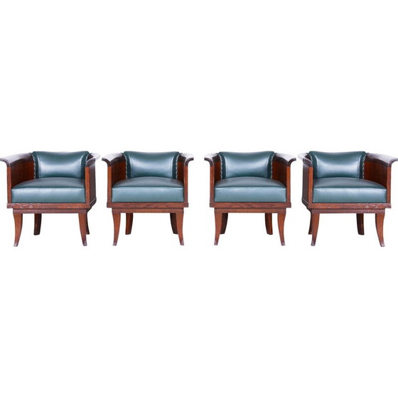 Image 1 of Ensemble de 4 fauteuils vintage en chêne et cuir, Tchécoslovaquie 1920