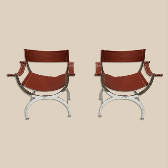 Image 1 of Paire de chaises curules vintage en cuir et métal chromé, 1970