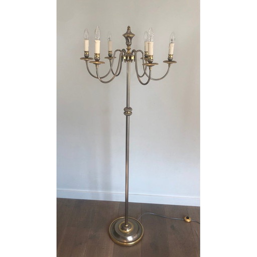 Lampadaire vintage en métal argenté et laiton, 1940