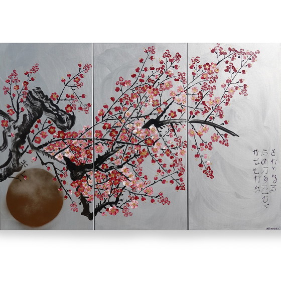 Image 1 of Sakura japonais J406 - Grand triptyque en argent