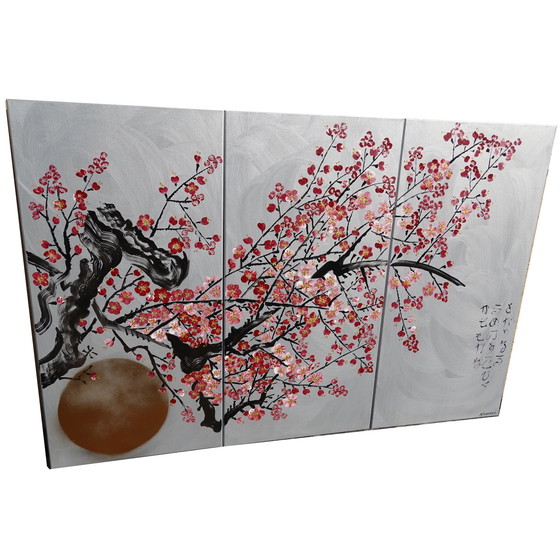 Image 1 of Sakura japonais J406 - Grand triptyque en argent