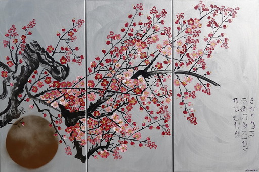 Sakura japonais J406 - Grand triptyque en argent