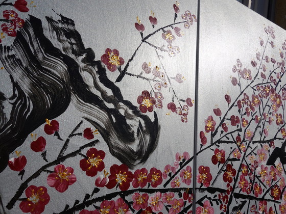 Image 1 of Sakura japonais J406 - Grand triptyque en argent