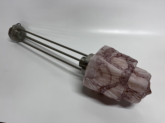 Image 1 of Plafonnier Skyscraper Vintage Art Deco rose marbré Lampe pendante avec pendule de luxe
