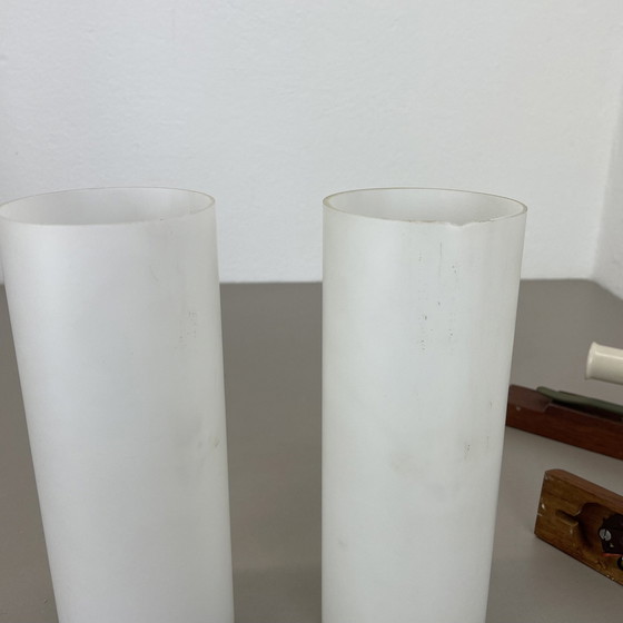 Image 1 of Ensemble de 2 appliques minimales en verre blanc satiné et en teck, Danemark, années 1960