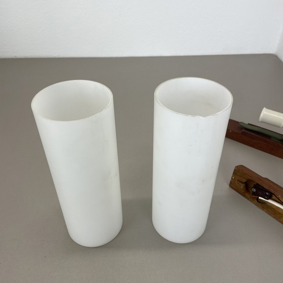 Image 1 of Ensemble de 2 appliques minimales en verre blanc satiné et en teck, Danemark, années 1960