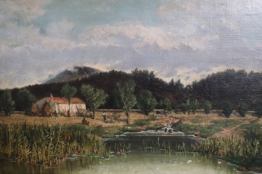 Paysage italien, 19ème siècle Peinture à l'huile sur toile