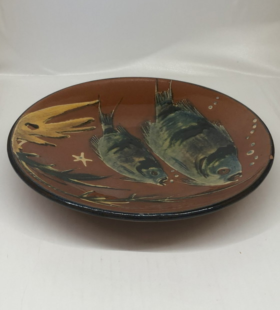 Image 1 of Plat Artisanal Diaz Costa Pour Puigdemont En Céramique Émaillée Décor Poissons