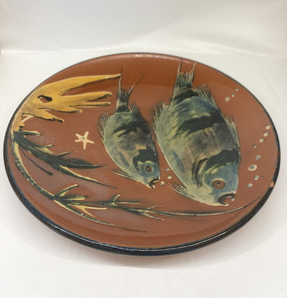 Image 1 of Plat Artisanal Diaz Costa Pour Puigdemont En Céramique Émaillée Décor Poissons