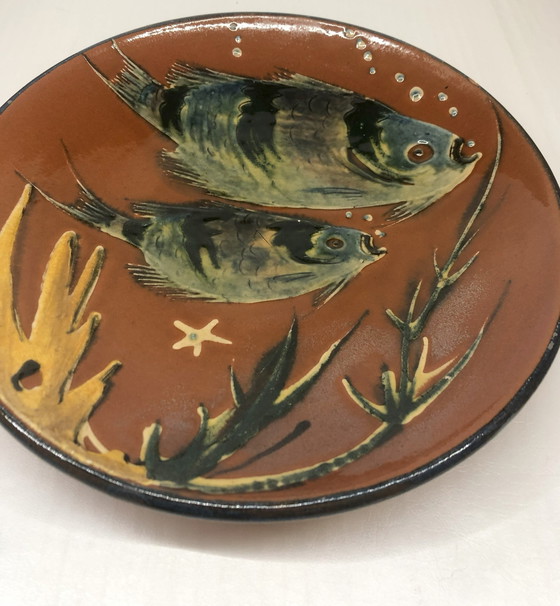 Image 1 of Plat Artisanal Diaz Costa Pour Puigdemont En Céramique Émaillée Décor Poissons