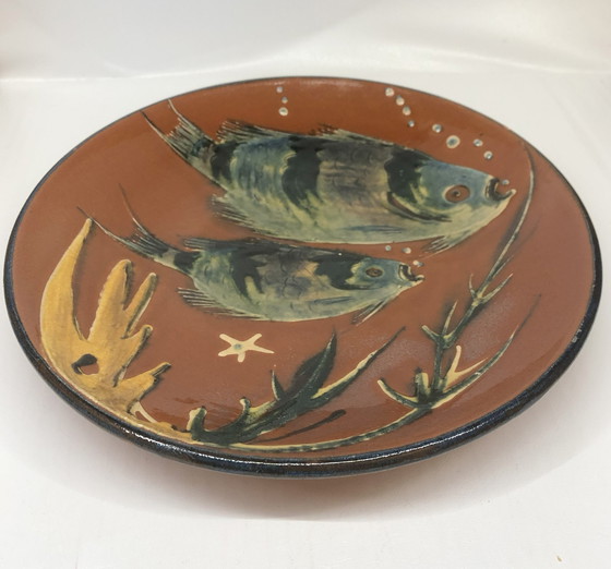 Image 1 of Plat Artisanal Diaz Costa Pour Puigdemont En Céramique Émaillée Décor Poissons