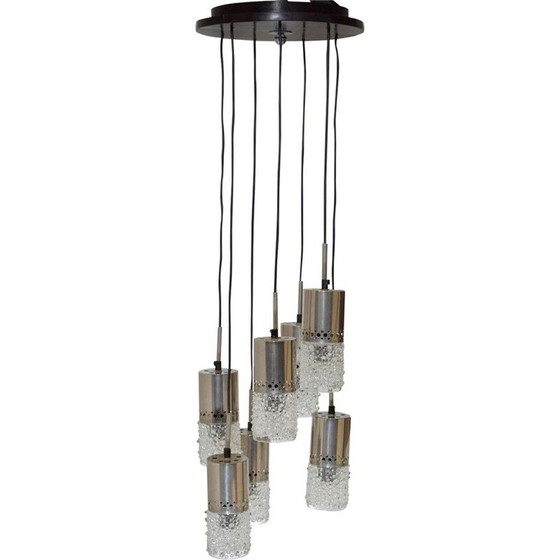 Image 1 of Lustre, cascade vintage, 7 suspensions chromées et en verre