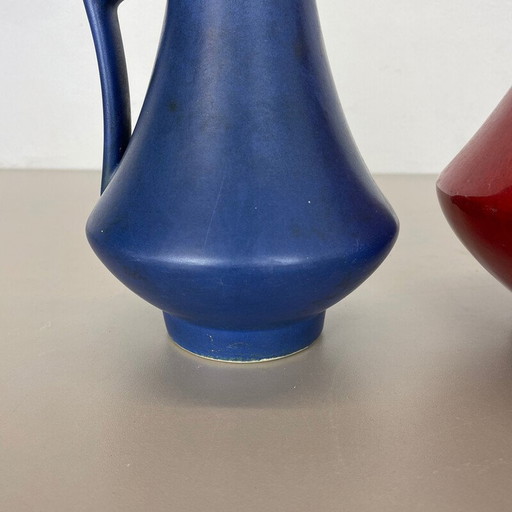 Paire de vases à lave grasse en poterie vintage "bleu-rouge" par Jopeko, Allemagne, années 1970