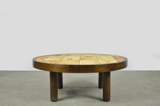Herbarium / Table basse ronde vintage en céramique / France années 1960