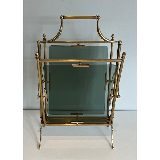 Image 1 of Porte-revues vintage en laiton et verre bleuté par Maison Jansen, 1940