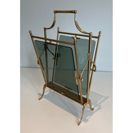 Image 1 of Porte-revues vintage en laiton et verre bleuté par Maison Jansen, 1940