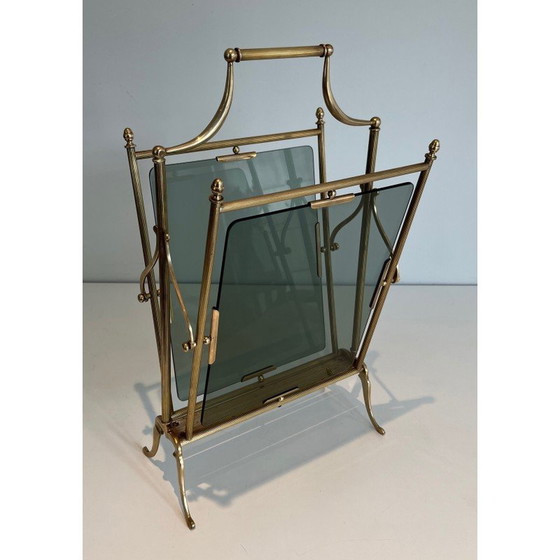 Image 1 of Porte-revues vintage en laiton et verre bleuté par Maison Jansen, 1940