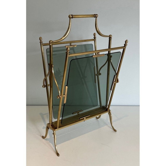 Image 1 of Porte-revues vintage en laiton et verre bleuté par Maison Jansen, 1940