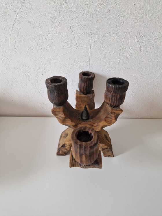 Image 1 of Paire De Bougeoirs En Bois Brutaliste 