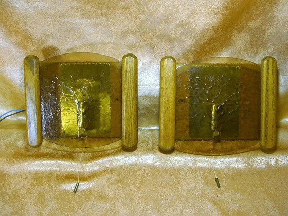 Image 1 of Appliques Fischer, Mid Century Modern, Art Deco, Laiton, Bois, Verre, Hyper Vintage, Très rare