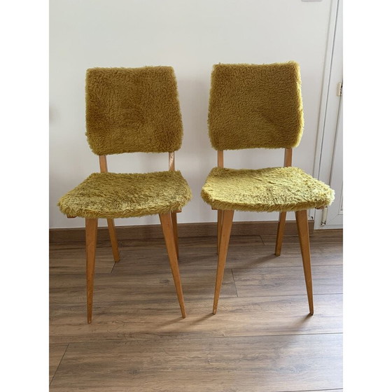 Image 1 of Paire de chaises vintage en mousseline jaune et bois