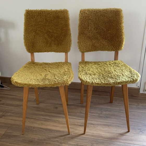 Image 1 of Paire de chaises vintage en mousseline jaune et bois