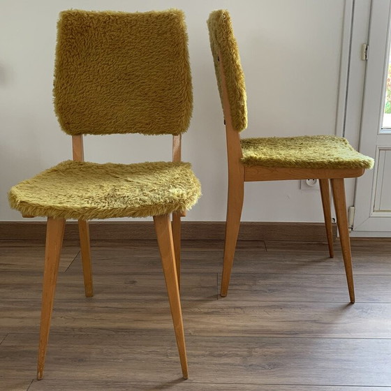 Image 1 of Paire de chaises vintage en mousseline jaune et bois