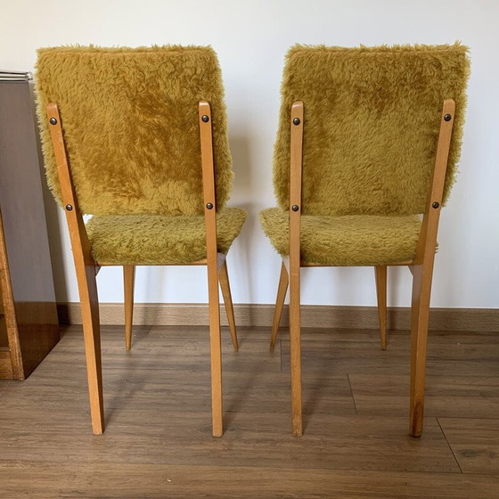 Image 1 of Paire de chaises vintage en mousseline jaune et bois