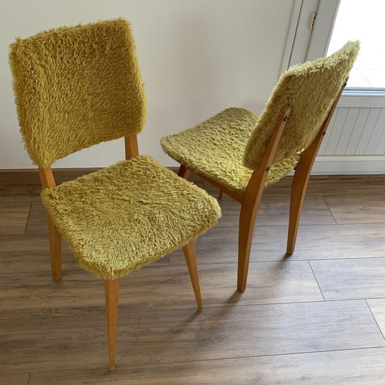 Image 1 of Paire de chaises vintage en mousseline jaune et bois