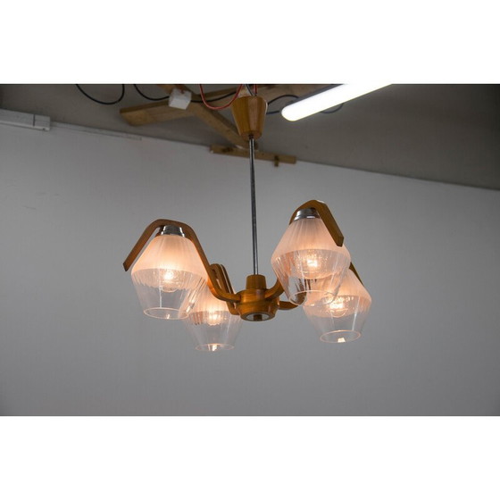 Image 1 of Lustre en bois et verre du milieu du siècle par Dřevo Humpolec, Tchécoslovaquie Années 1960