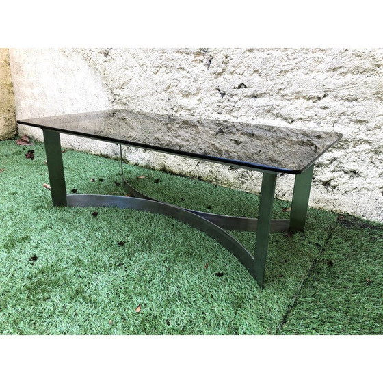 Image 1 of Table basse vintage en verre fumé et acier brossé par Legeard, 1970