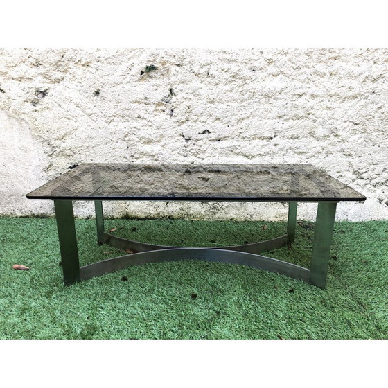 Image 1 of Table basse vintage en verre fumé et acier brossé par Legeard, 1970