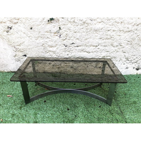 Image 1 of Table basse vintage en verre fumé et acier brossé par Legeard, 1970