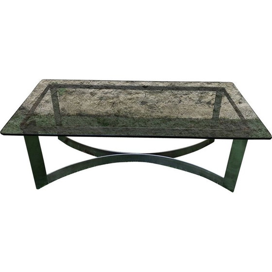 Image 1 of Table basse vintage en verre fumé et acier brossé par Legeard, 1970