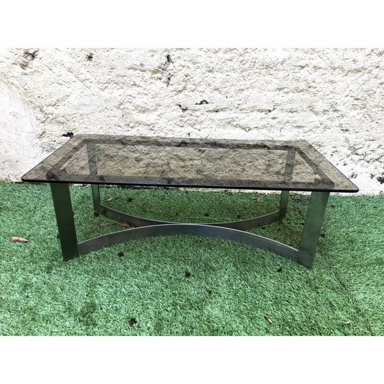 Image 1 of Table basse vintage en verre fumé et acier brossé par Legeard, 1970
