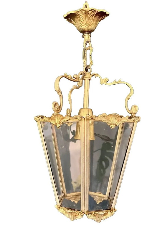 Image 1 of Lanterne À Suspension Art Nouveau En Bronze Doré Et Facettes De Verre 1900