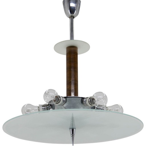 Lustre vintage Art Déco en noyer, chrome et verre, années 1930