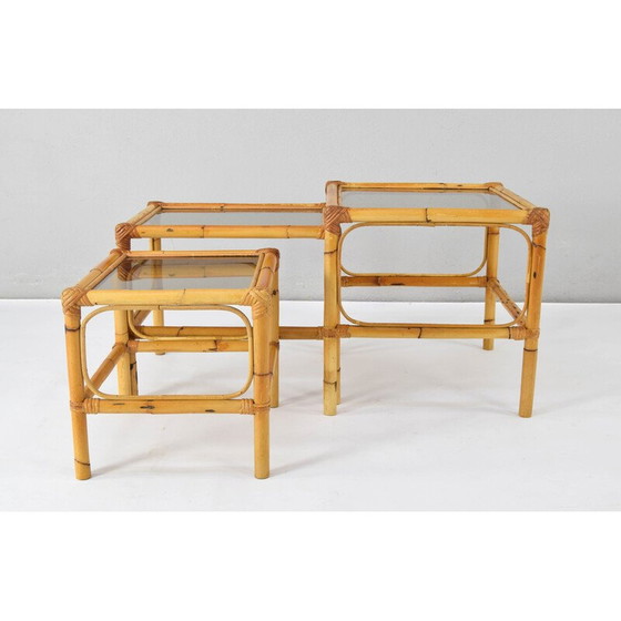 Image 1 of Tables gigognes vintage en bambou et verre fumé, Espagne 1970