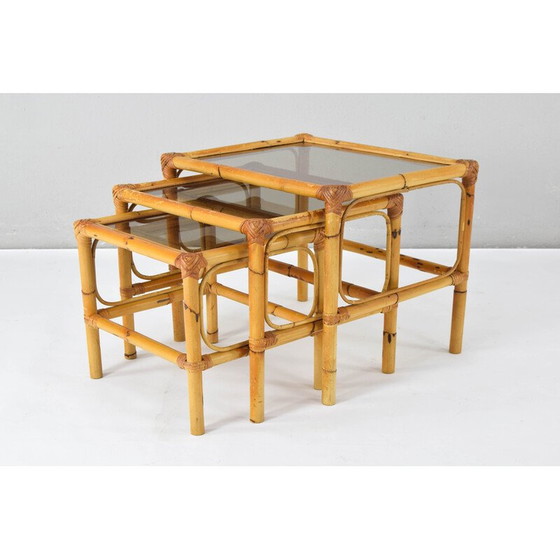 Image 1 of Tables gigognes vintage en bambou et verre fumé, Espagne 1970