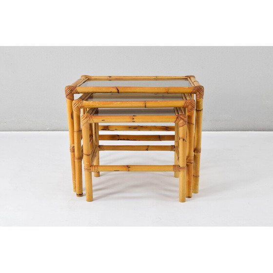 Image 1 of Tables gigognes vintage en bambou et verre fumé, Espagne 1970