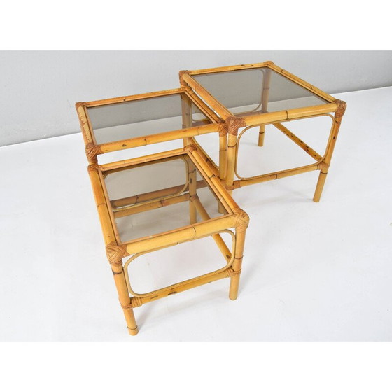 Image 1 of Tables gigognes vintage en bambou et verre fumé, Espagne 1970