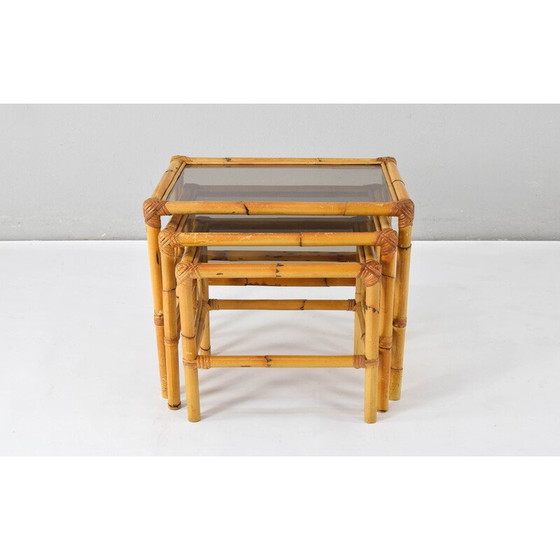 Image 1 of Tables gigognes vintage en bambou et verre fumé, Espagne 1970