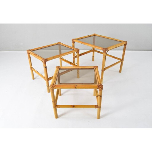 Tables gigognes vintage en bambou et verre fumé, Espagne 1970