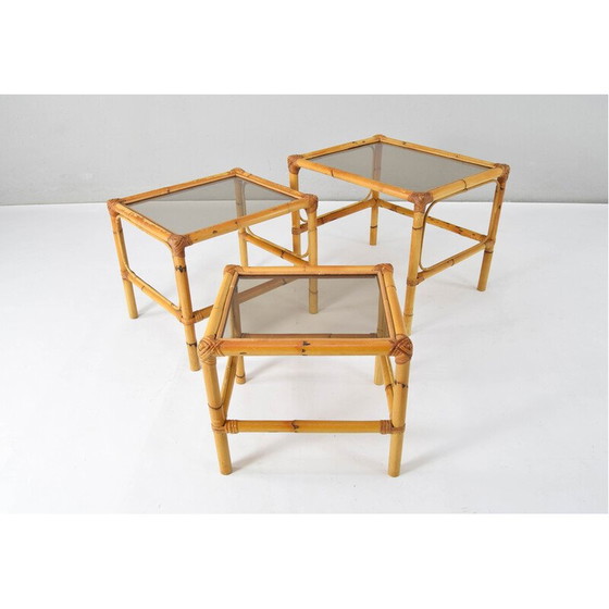 Image 1 of Tables gigognes vintage en bambou et verre fumé, Espagne 1970